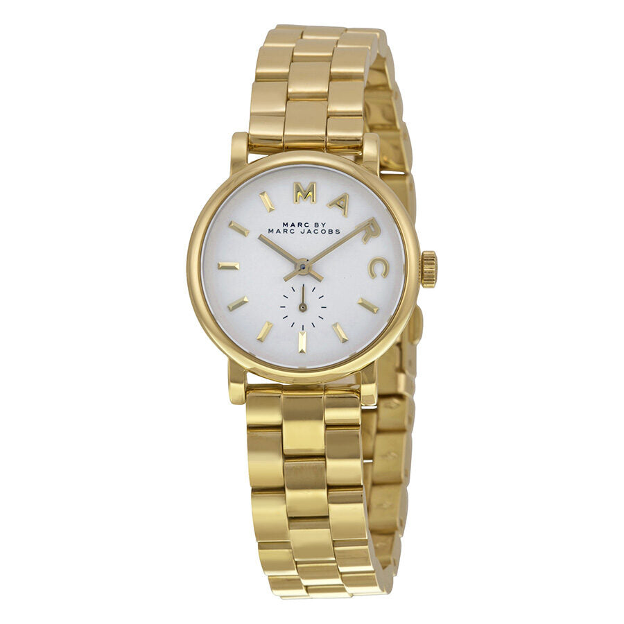 Three-quarter view of MBM3247 white dial gold-tone watch with linked stainless steel bracelet