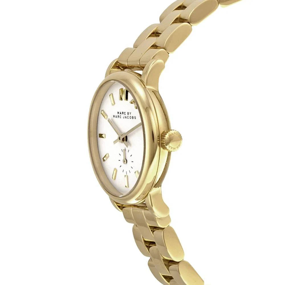 Three-quarter angle of MBM3247 ladies watch showing dial and side profile with gold-tone bracelet