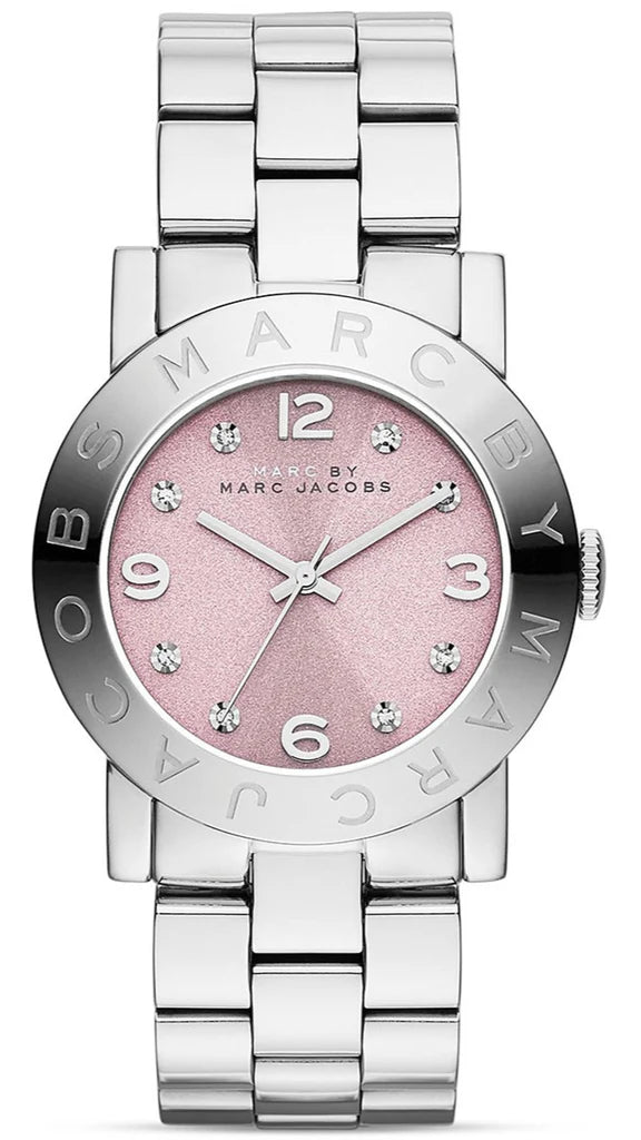 Marc by Marc Jacobs Amy MBM3300 watch with pink dial, crystal hour markers, silver stainless steel case and bracelet