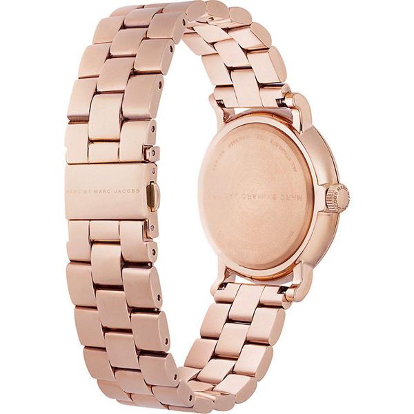 Marc By Marc Jacobs Baker watch caseback showing rose gold-tone stainless steel case and bracelet