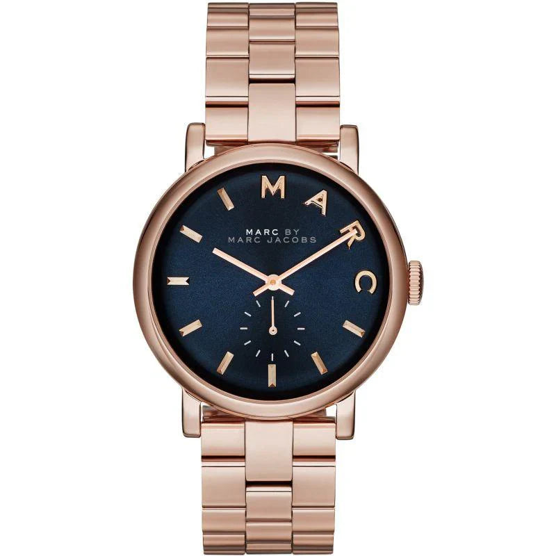 Marc By Marc Jacobs Baker watch with navy dial and rose gold-tone stainless steel case and bracelet