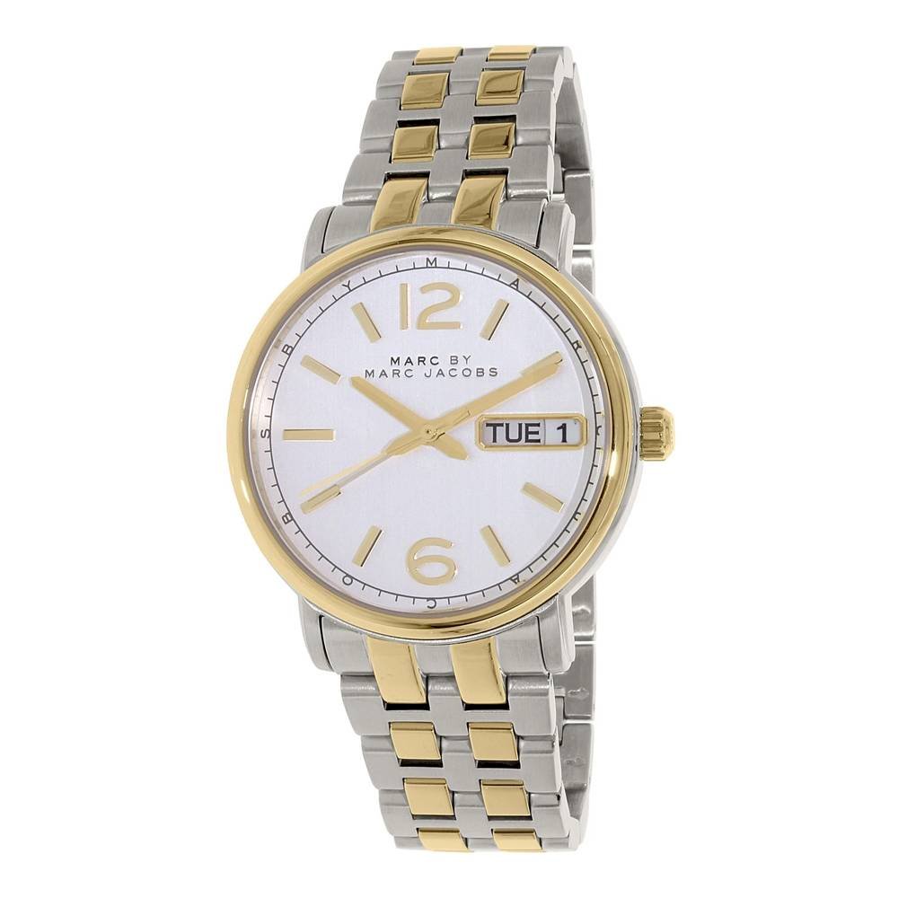 MBM8652 watch angled view showing two-tone stainless steel bracelet and day-date window