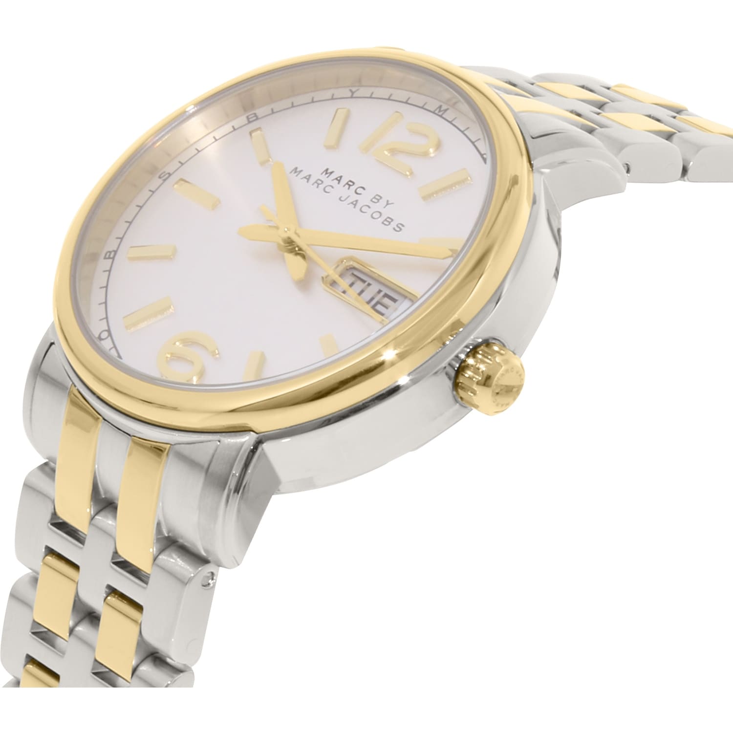 Side angle view of MBM8652 showing watch profile and two-tone bracelet