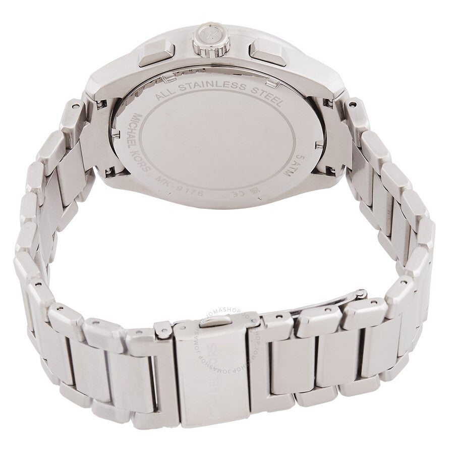 Michael Kors Accelerator 2.0 watch caseback showing stainless steel case and bracelet