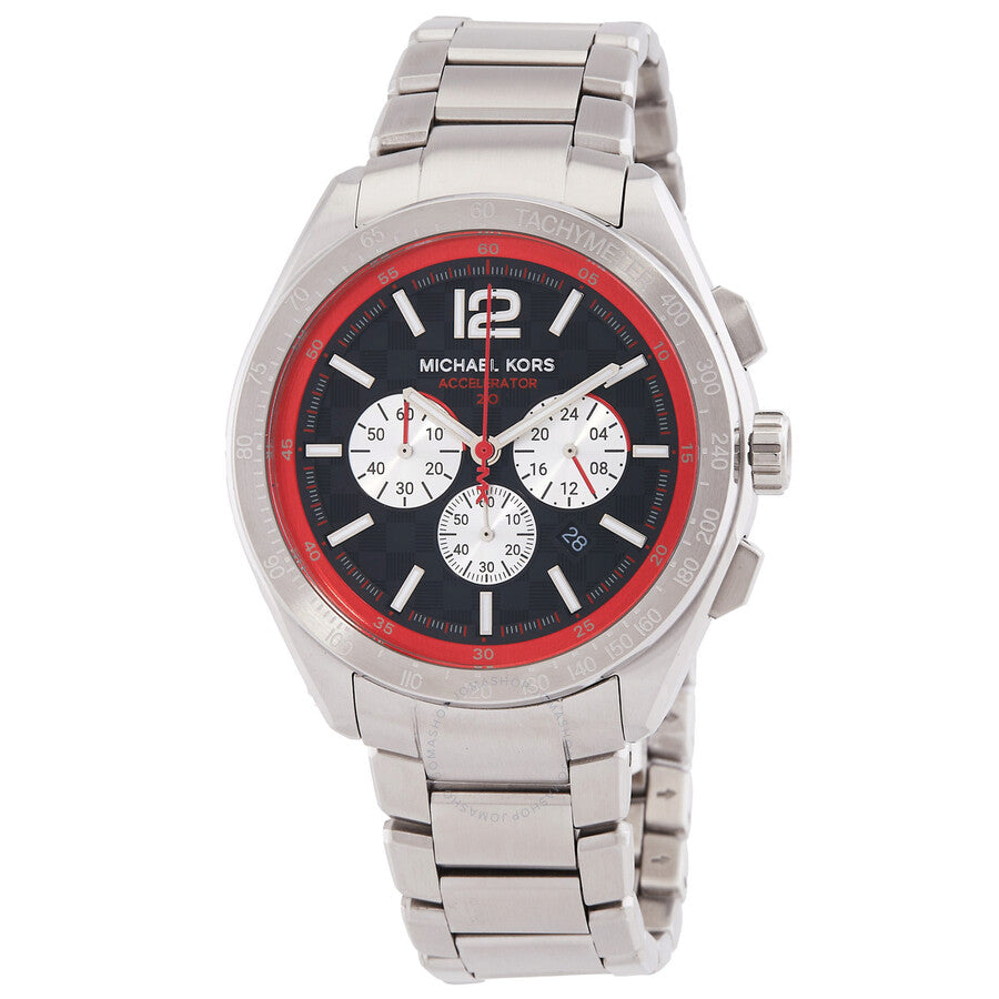 Michael Kors Accelerator 2.0 chronograph men's watch with black dial, red bezel, and stainless steel bracelet