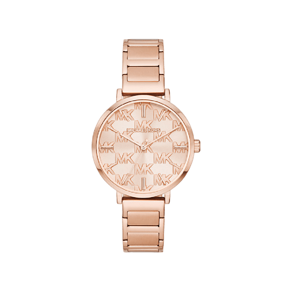 Michael Kors Addyson women's watch with rose gold-tone case and MK logo patterned dial