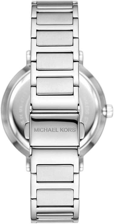 Back view of Michael Kors Addyson watch with caseback and silver steel strap