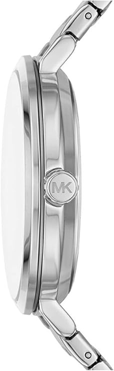 Side profile of Michael Kors Addyson watch showing silver steel case and strap thickness