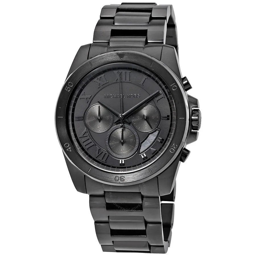 Michael Kors Alek all-black chronograph watch with Roman numeral dial and steel bracelet