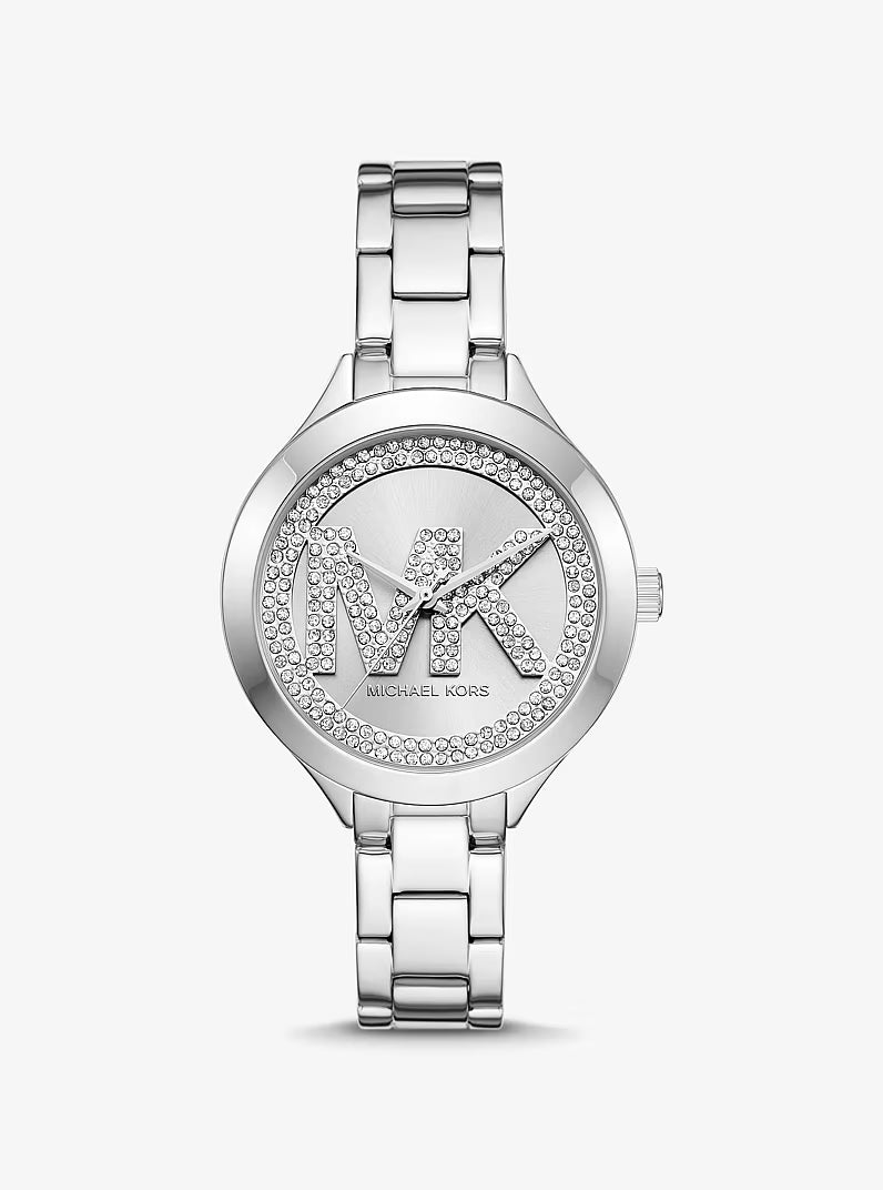 Michael Kors Aspyn silver-tone women's watch with pavé crystal dial and MK logo