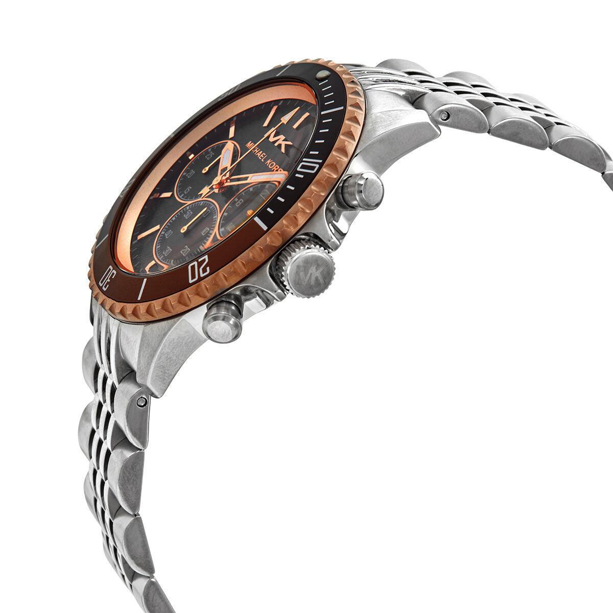 Michael Kors Bayville watch angled view showing chronograph subdials and rose gold bezel detail
