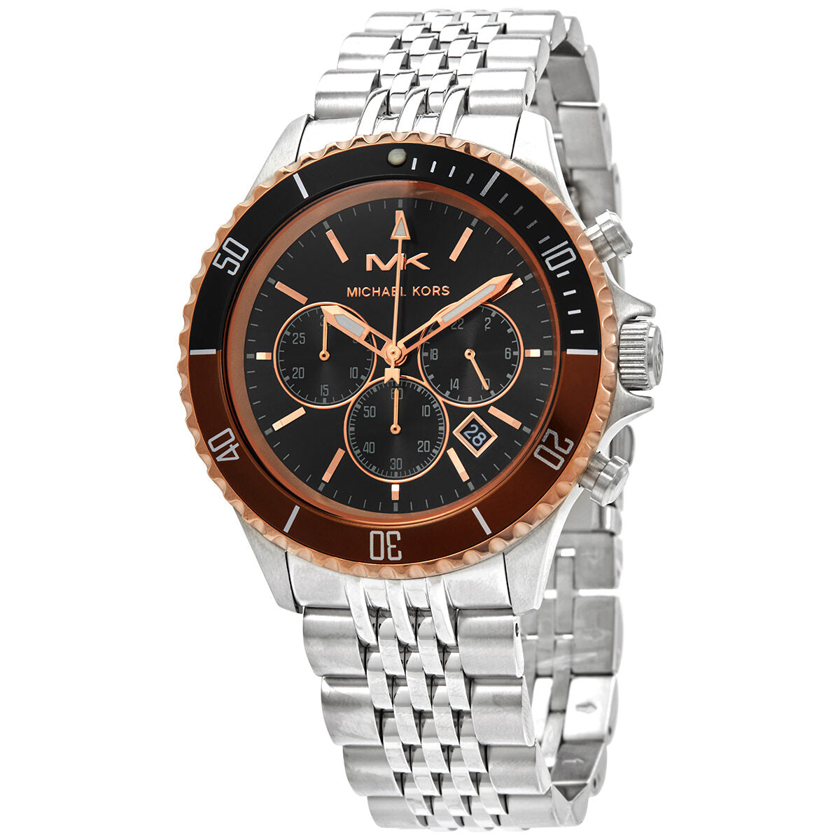 Michael Kors Bayville chronograph men's watch with black dial, rose gold bezel, and stainless steel bracelet