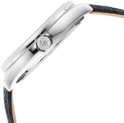 Michael Kors Benning MK8930 angled view of stainless steel case with MK logo and blue strap