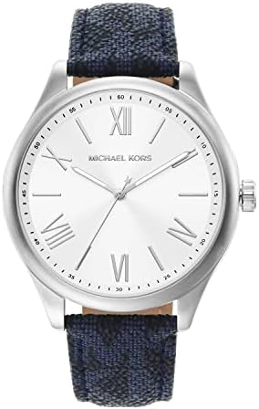 Michael Kors Benning MK8930 watch with silver dial, Roman numerals, and admiral blue PVC strap