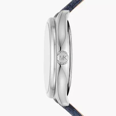 Michael Kors Benning MK8930 side profile showing stainless steel case and blue strap