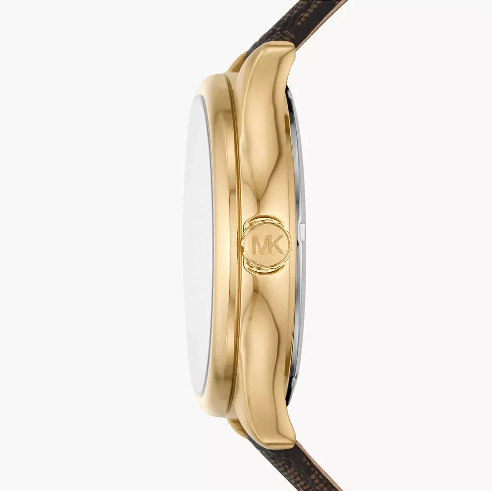 Michael Kors Benning MK8931 side profile showing gold-tone case thickness and brown strap
