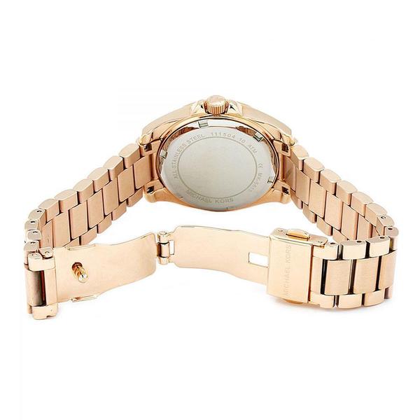 Caseback view of Michael Kors Blair watch showing metal bracelet and clasp