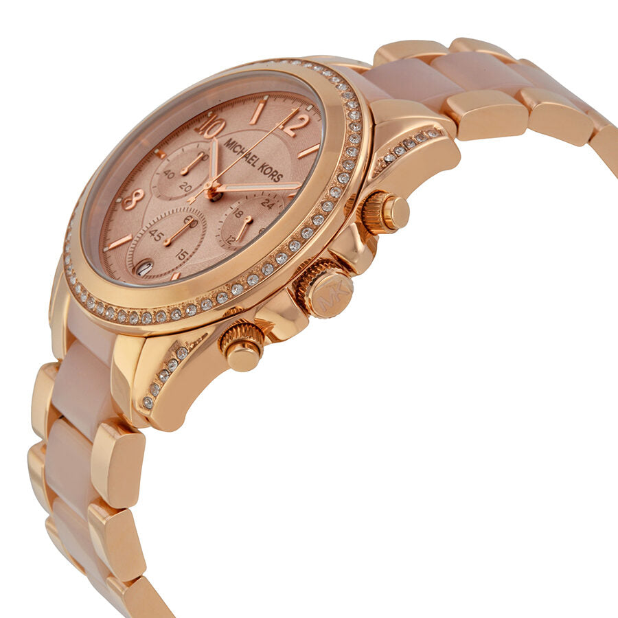 Side angle view of Michael Kors Blair chronograph watch showing case profile and pushers