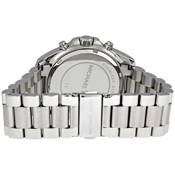 Back view of Michael Kors Bradshaw watch showing stainless steel caseback and bracelet