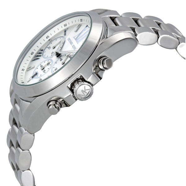 Side view of Michael Kors Bradshaw watch showing silver-tone stainless steel bracelet and chronograph pushers