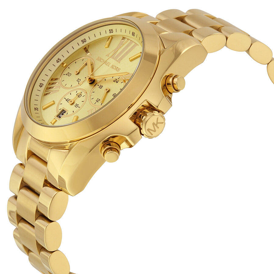 Michael Kors Bradshaw gold chronograph watch angled view showing dial and bracelet