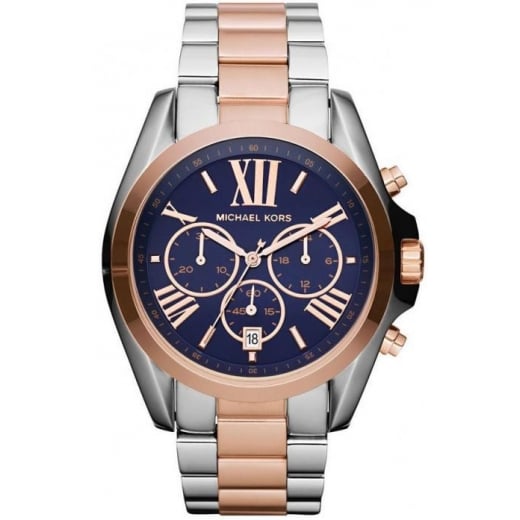 Michael Kors Bradshaw ladies chronograph watch with blue dial, Roman numerals, and dual-tone steel and rose gold bracelet