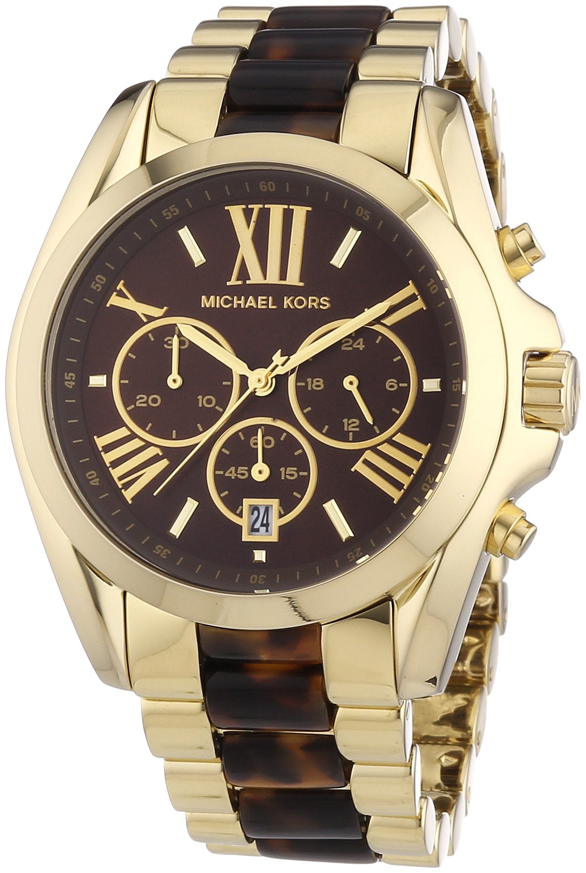 Michael Kors Bradshaw MK5696 chronograph watch with brown dial and gold tortoiseshell bracelet