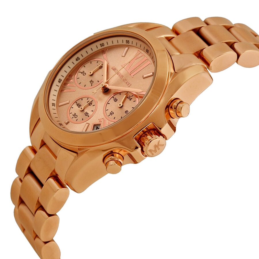 Michael Kors Bradshaw rose gold chronograph watch displayed at angle showing dial and link bracelet