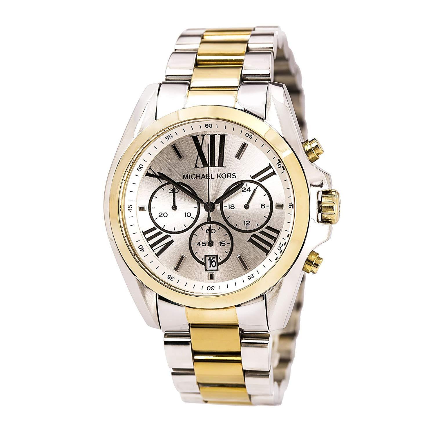 Michael Kors Bradshaw two-tone chronograph watch with white dial and Roman numerals
