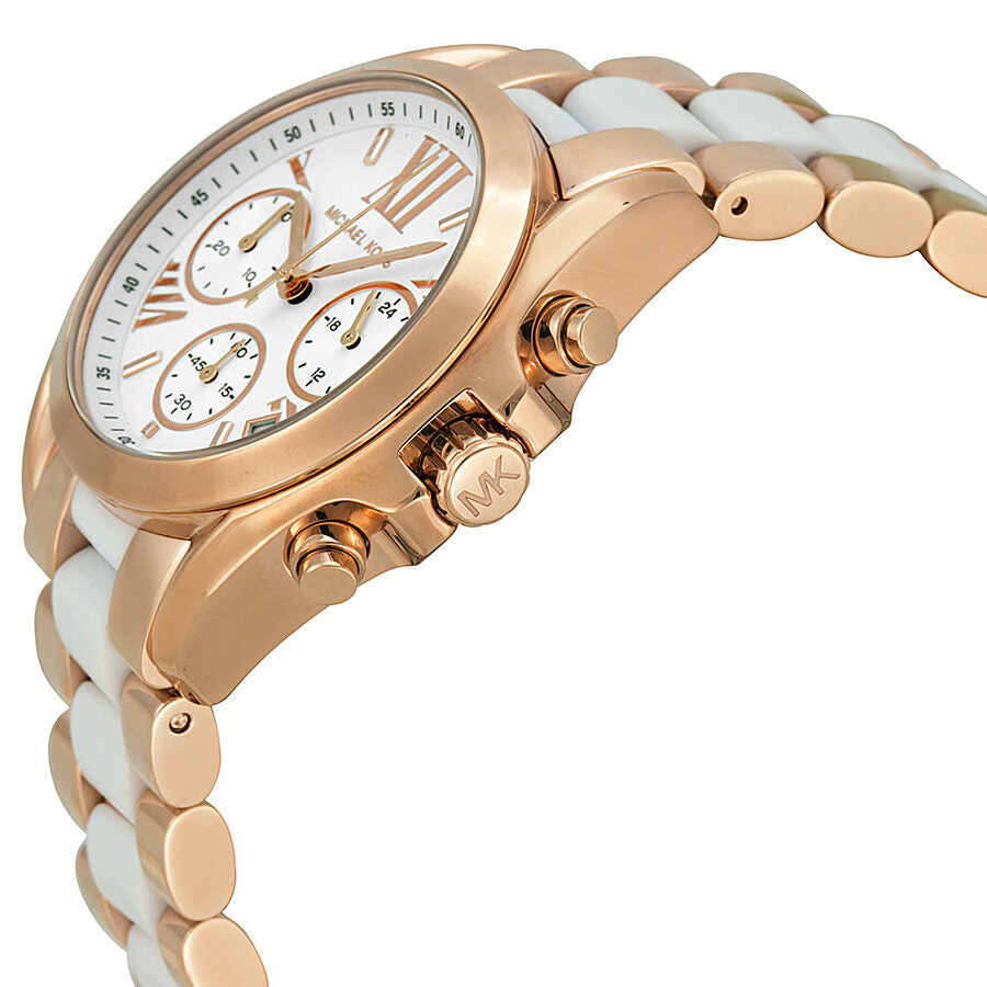 Michael Kors Bradshaw MK5907 chronograph watch side view showing rose gold case and white dial