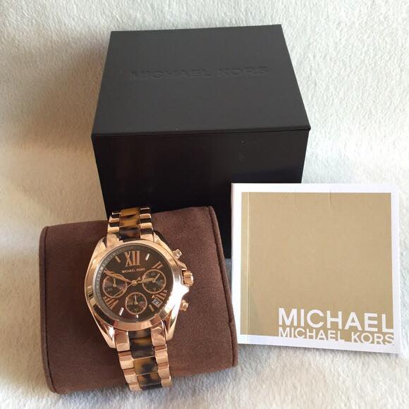 Bradshaw MK5944 watch in open box with brown pouch and Michael Kors branding