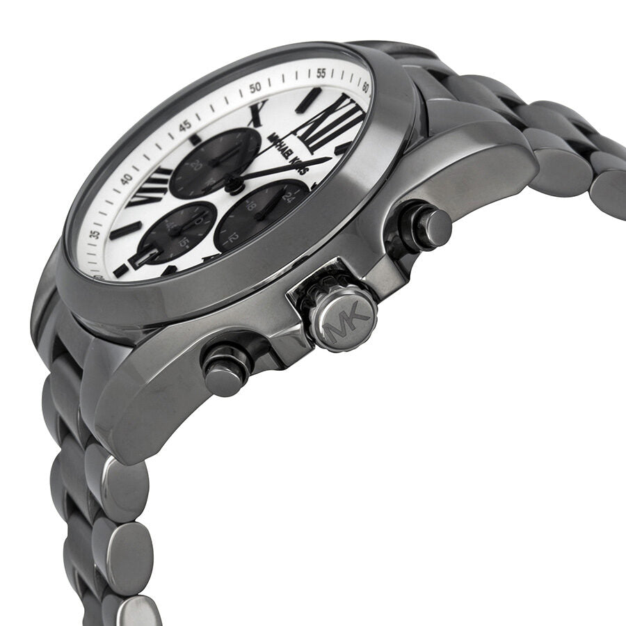 Michael Kors Bradshaw chronograph watch angled side view with gunmetal ion-plated bracelet