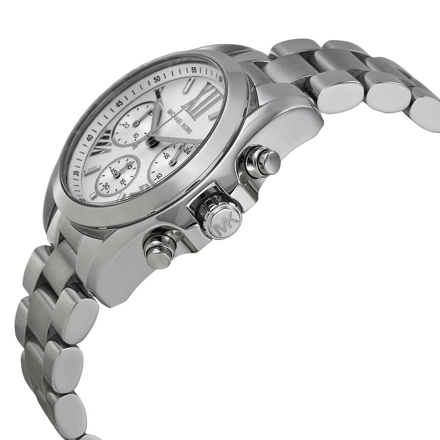 Michael Kors Bradshaw chronograph watch angled view showing silver bracelet and side profile