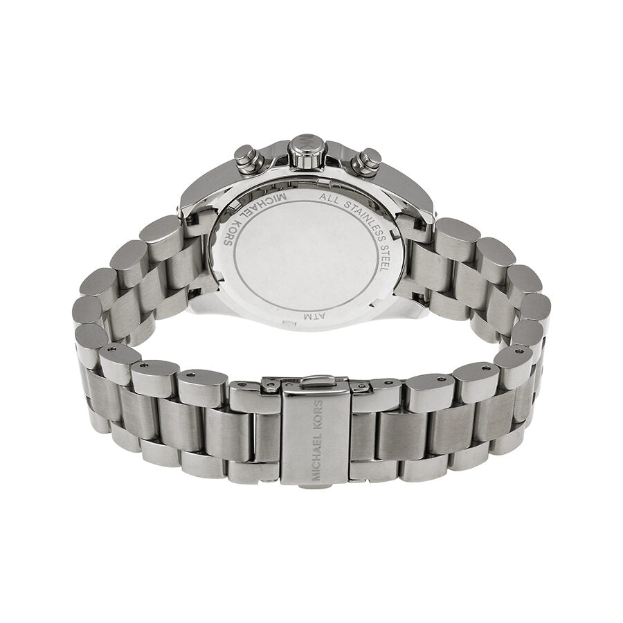 Michael Kors Bradshaw watch case back showing stainless steel bracelet and fold clasp