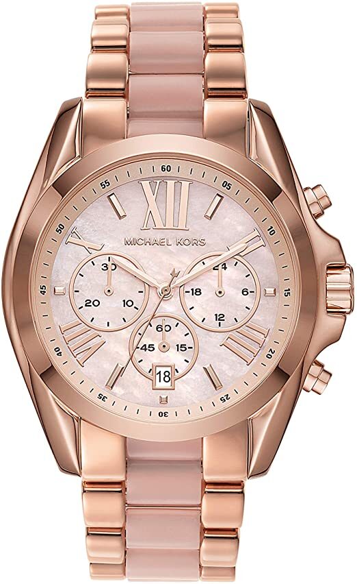 Michael Kors Bradshaw MK6830 rose gold chronograph watch with pink ceramic and metal strap