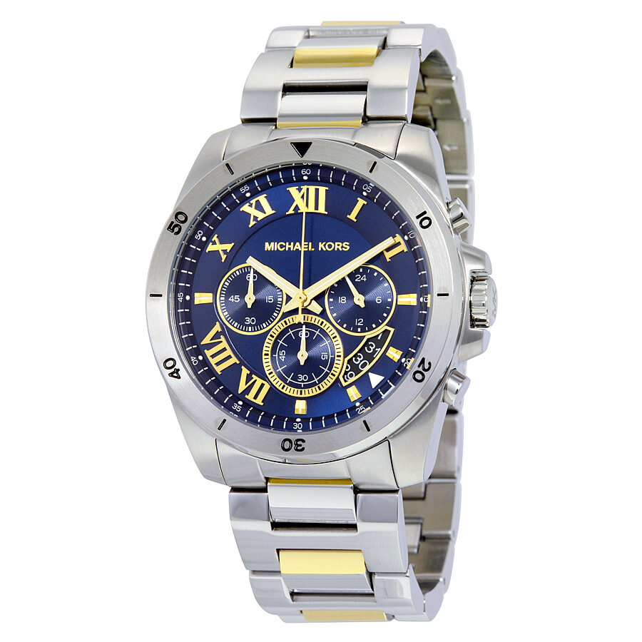 Michael Kors Brecken chronograph watch with blue dial, gold Roman numerals, and two-tone bracelet