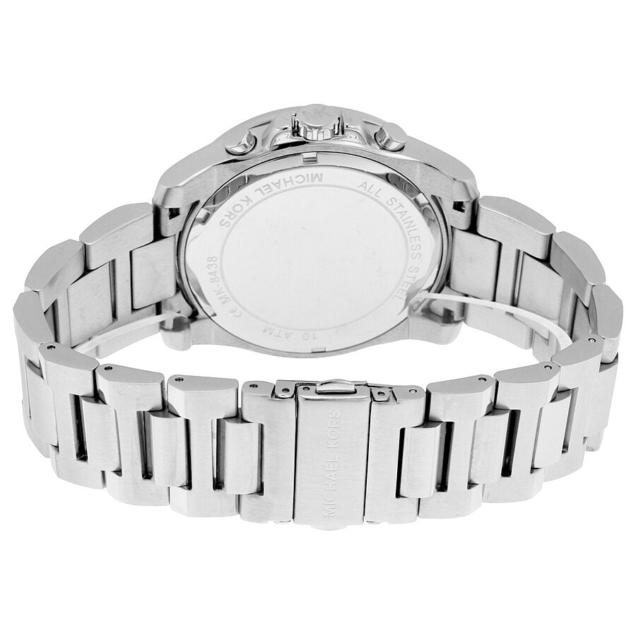 Michael Kors Brecken watch caseback showing stainless steel back and bracelet construction
