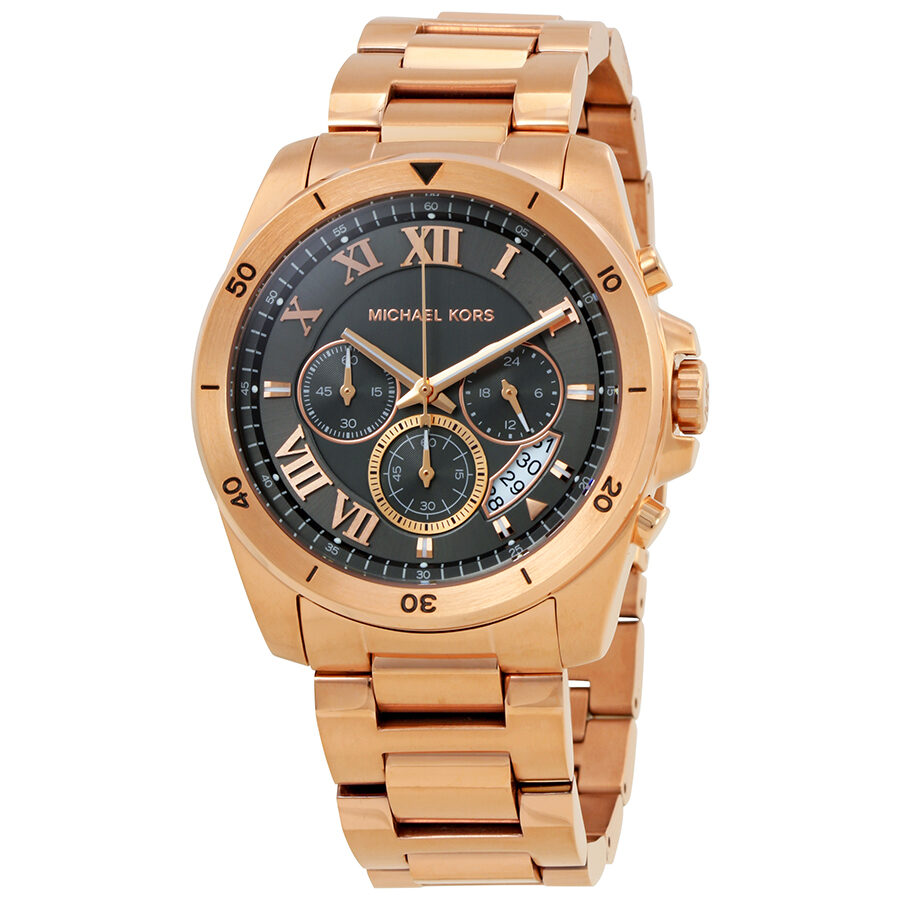 Michael Kors Brecken MK8563 rose gold chronograph watch with grey dial and Roman numerals