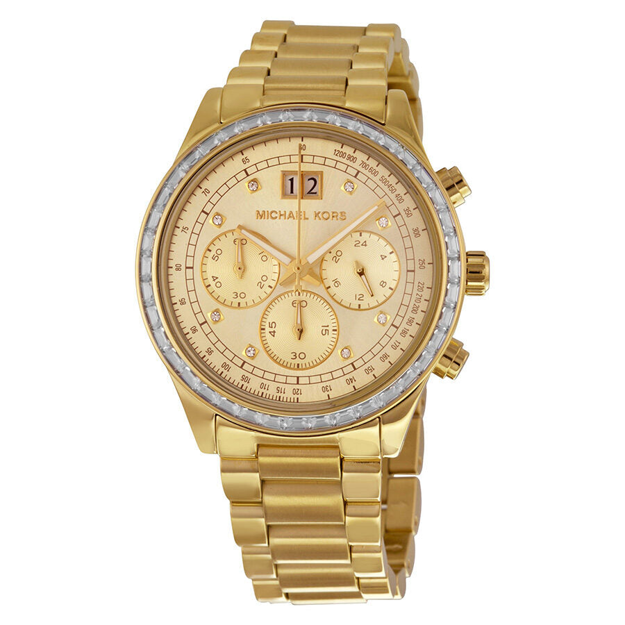 Michael Kors Brinkley chronograph watch with gold dial, three subdials, diamond bezel, and gold-tone bracelet