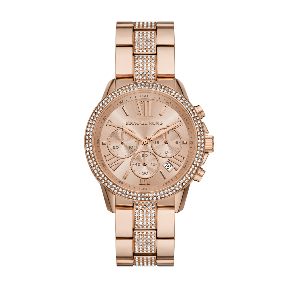 Michael Kors Brynn rose gold-tone women's watch with pavé crystal bezel and chronograph dial