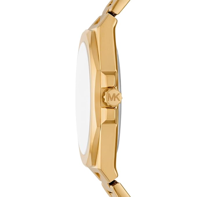 Side profile of Michael Kors Callum gold watch case with MK crown