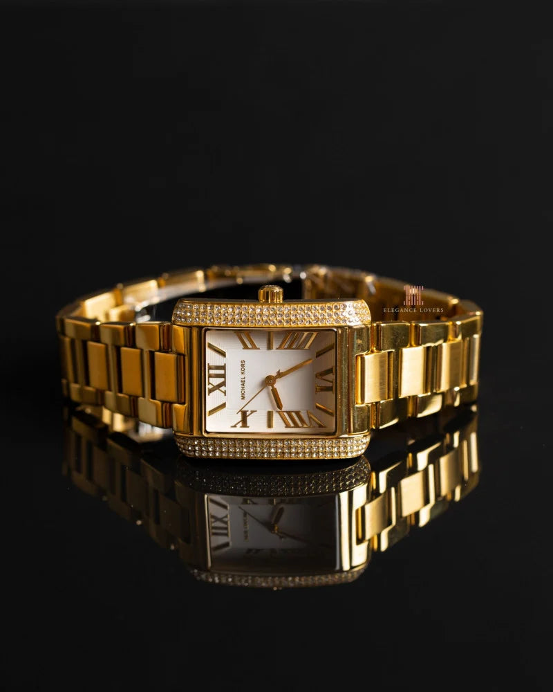 Michael Kors Camille gold-tone women's watch angled view with rectangular case and bracelet