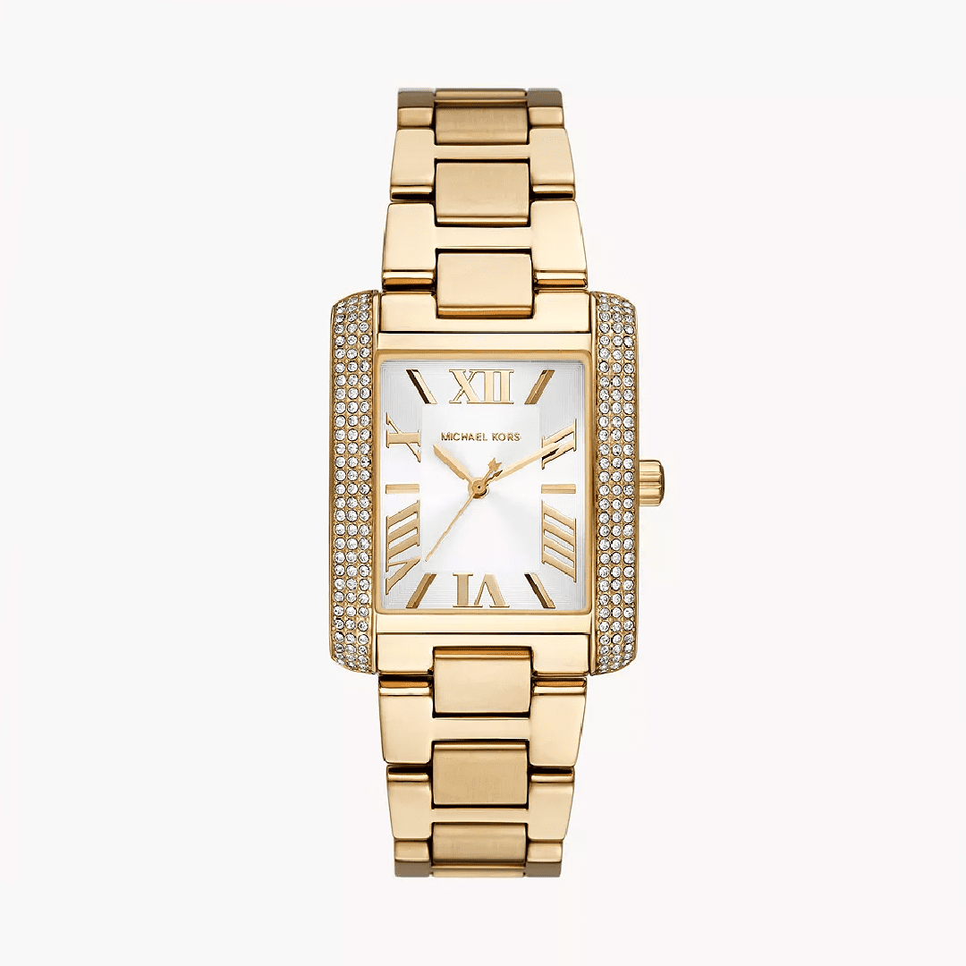 Michael Kors Camille gold-tone women's watch with rectangular case and crystal bezel