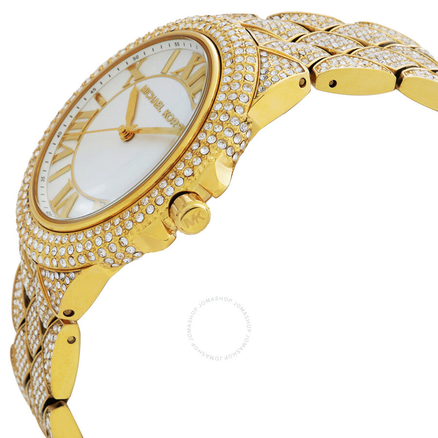 Michael Kors Camille watch side view showing crystal-encrusted bezel and gold bracelet