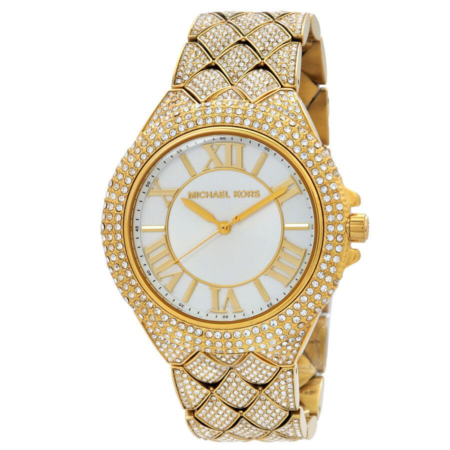 Michael Kors Camille gold crystal watch with white dial and Roman numeral markers