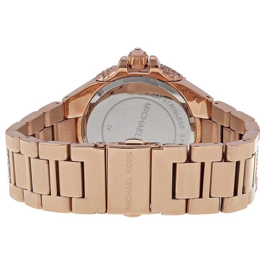 Back view of Michael Kors Camille watch showing case back and rose gold-tone bracelet links