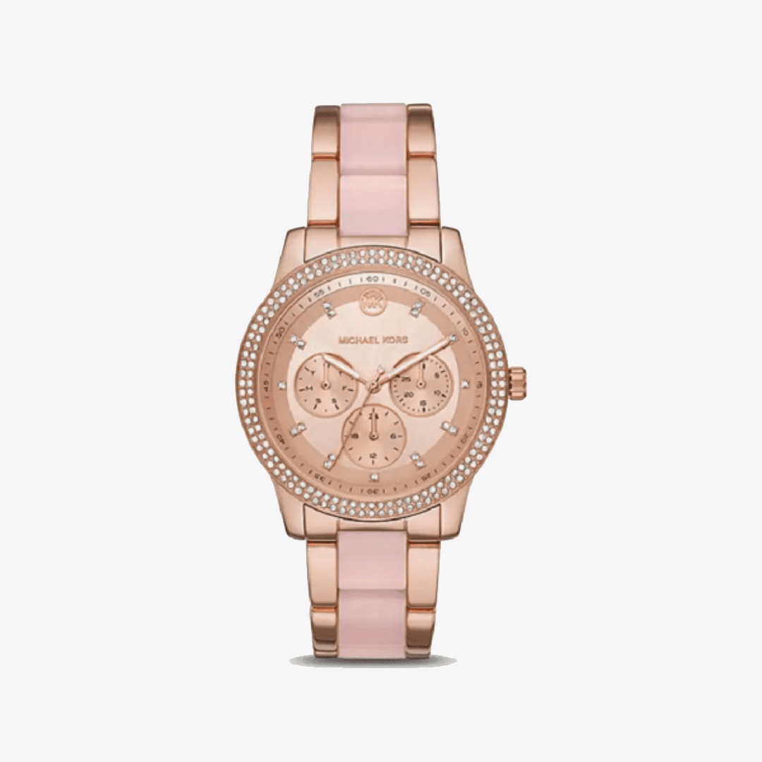 Michael Kors Camille rose gold chronograph watch with crystal pave bezel and two-tone pink bracelet