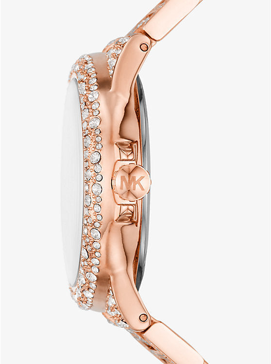 Michael Kors Camille watch side view showing crystal-studded rose gold steel strap and case