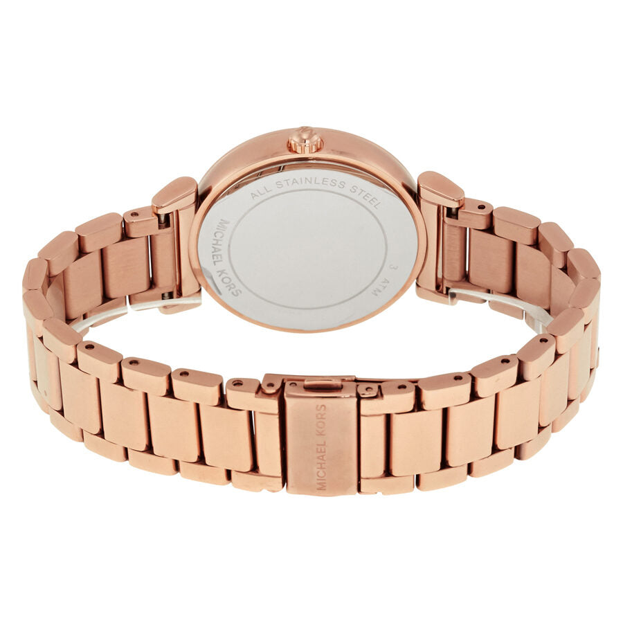 Michael Kors Catlin watch caseback showing stainless steel back and rose gold bracelet
