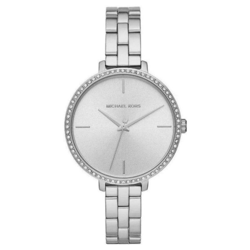 Michael Kors Charley silver dial women's watch with crystal bezel and steel bracelet